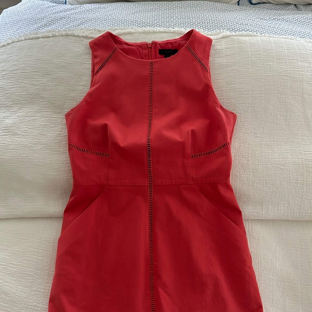J crew coral stretch dress with pockets.